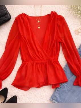 Flying Tomato Coral Red Sheer Peplum Blouse Small Ruffle Long Sleeve V-Neck